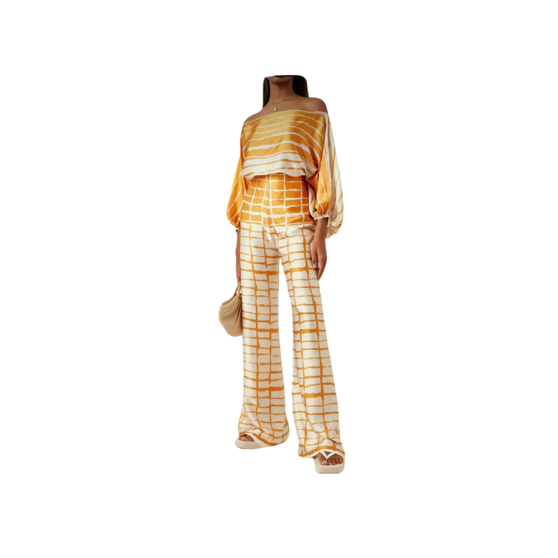 Off Shoulder Long Sleeve Shirt and Wide Leg Pant